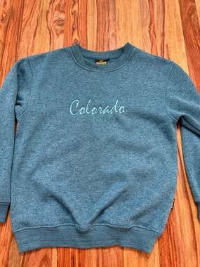 Renegade Club Colorado Embroidered Teal Heather Knit Crewneck Sweater